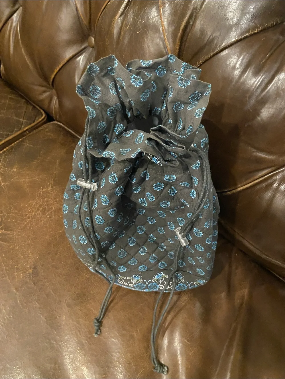 Quilted Drawstring Hobo Bag in Brown and Blue